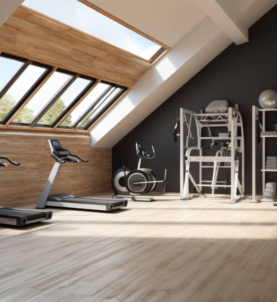 Home gym room in the attic, Small home gym with treadmill, Equipment for cardio training.